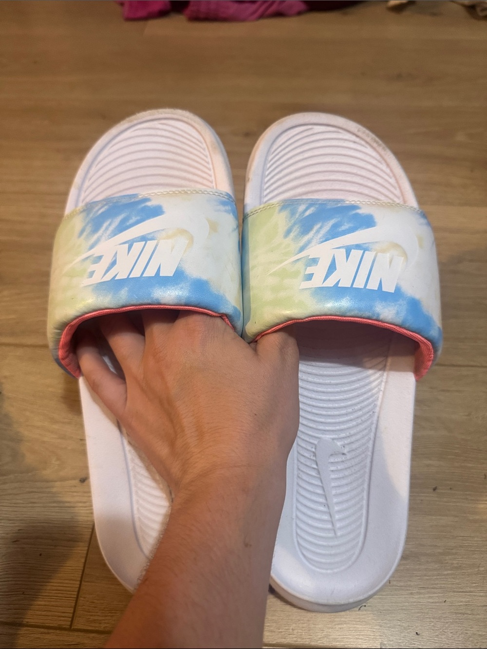 Nike Pastel Tie-Dye Slide Sandals in Blue, Yellow & Pink